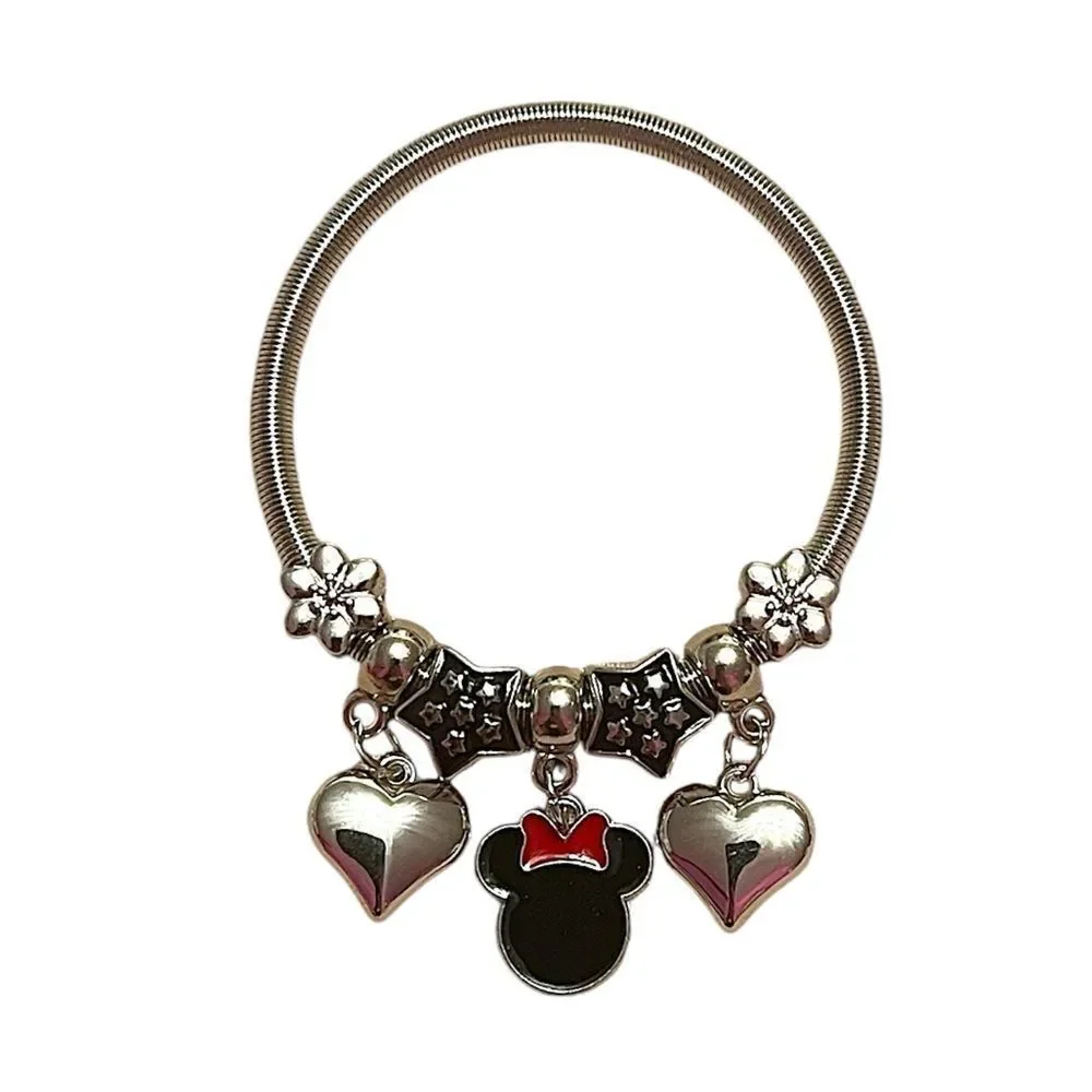 Black Minnie Mouse Heart Stretchy Silver Tone Charm Bracelet NWT